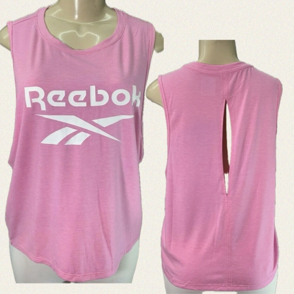 Reebok L Throwback Vector Logo Graphic Pink Heather Tank‎ Keyhole Cutout Back